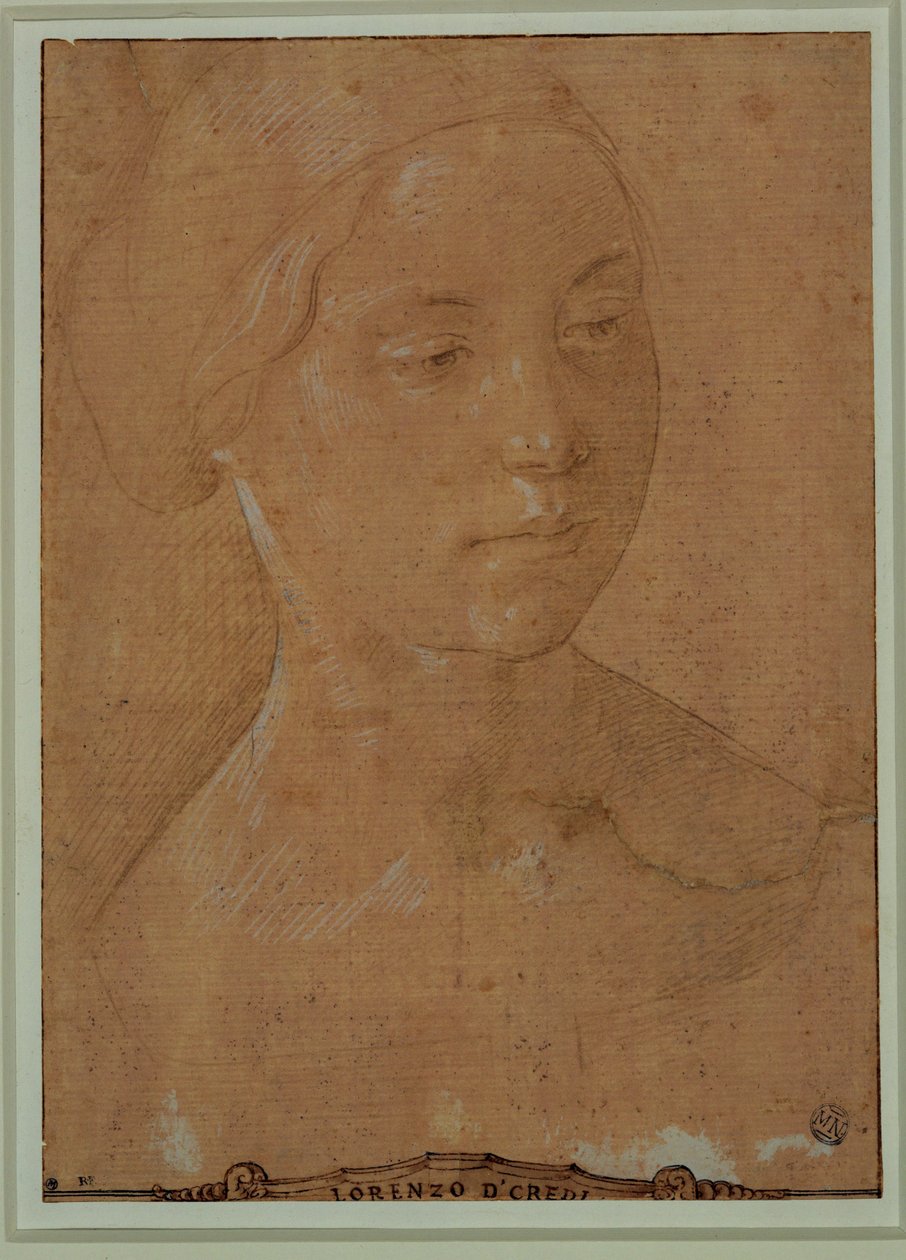 Portret kobiety, twarz w trzech czwartych, włosy spięte siatką ... autorstwa Lorenzo di Credi