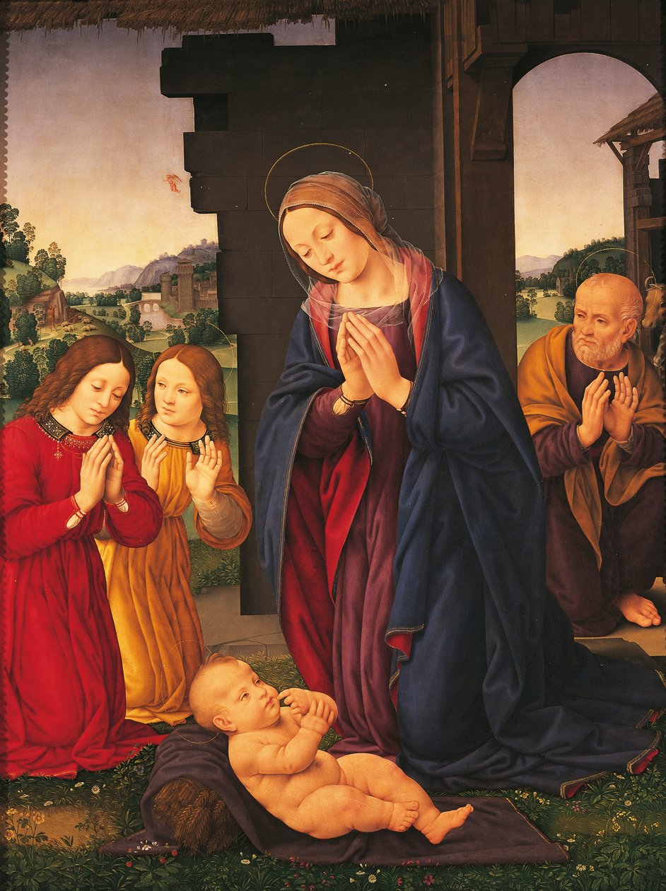 Adoracja Dzieciątka i Aniołów, Lorenzo di Credi (1459-1536), tempera na płótnie autorstwa Lorenzo di Credi