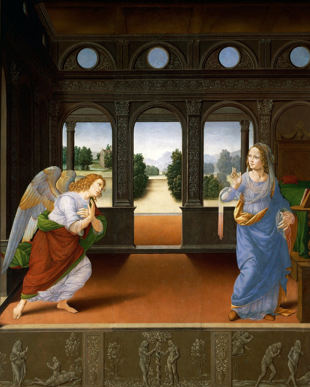 Zwiastowanie i trzy historie z Księgi Rodzaju ok. 1480-85 (tempera na desce) autorstwa Lorenzo di Credi