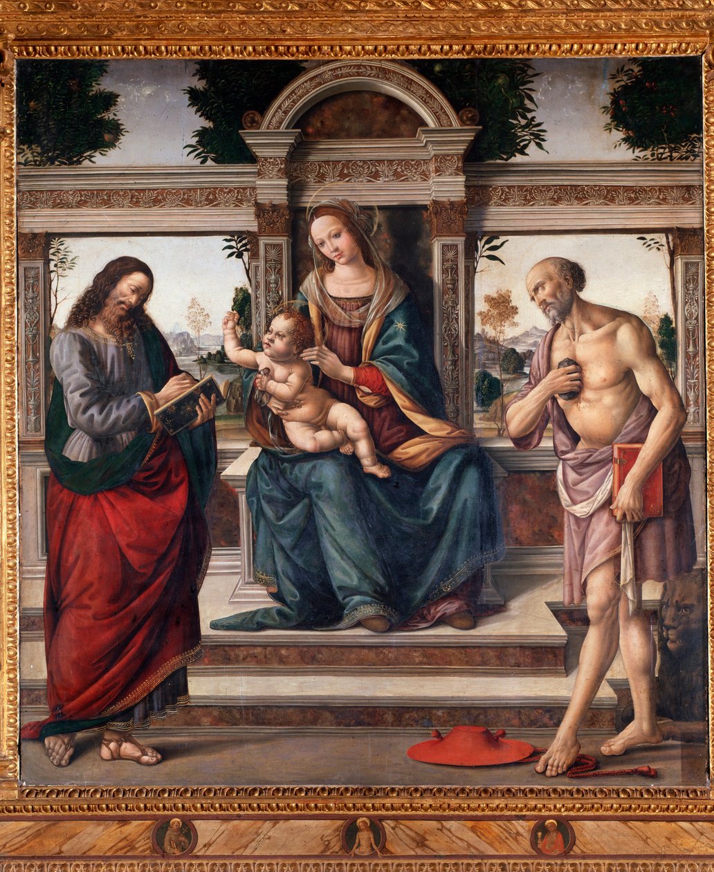 Dziewica z Dzieciątkiem i dwoma świętymi, św. Mateusz i św Hieronima Obraz Lorenzo di Credi (1459-1537) Florencja, kościół santo Spirito Włochy autorstwa Lorenzo di Credi