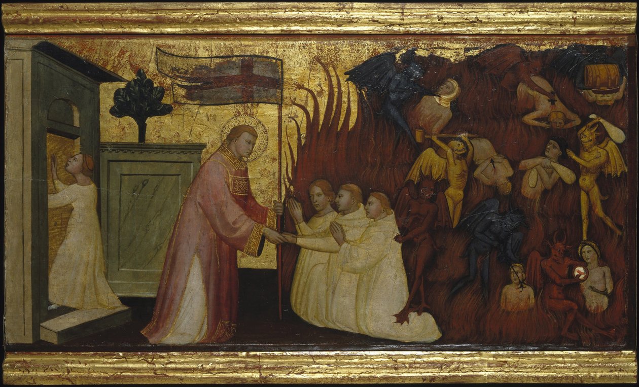 Święty Wawrzyniec wyzwala dusze z czyśćca. Sceny z życia św. Wawrzyńca, predella, ok. 1412 autorstwa Lorenzo di Niccolò