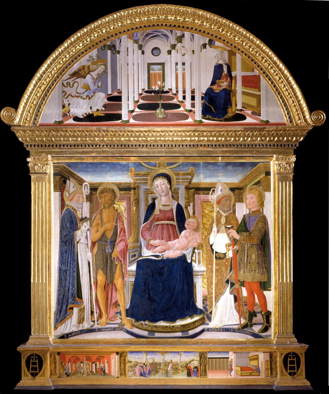 Madonna z Dzieciątkiem i św. Błażejem, Janem Chrzcicielem, Mikołajem i Florianem. Zwiastowanie, 1462 autorstwa Lorenzo di Pietro