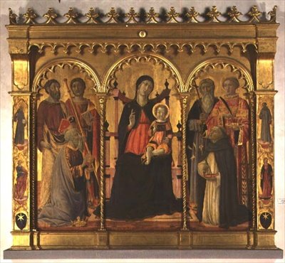 Madonna z Dzieciątkiem na tronie ze świętymi (tryptyk) autorstwa Lorenzo di Pietro Vecchietta