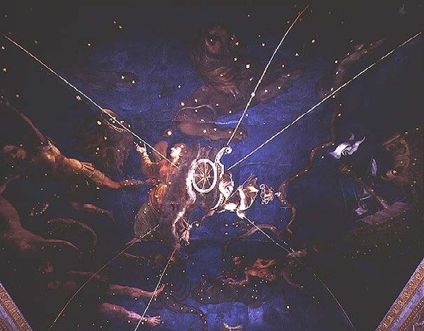 Bogini Diana w swoim rydwanie otoczona przedstawieniami znaków zodiaku z Sala dello Zodiaco autorstwa Lorenzo the Younger Costa