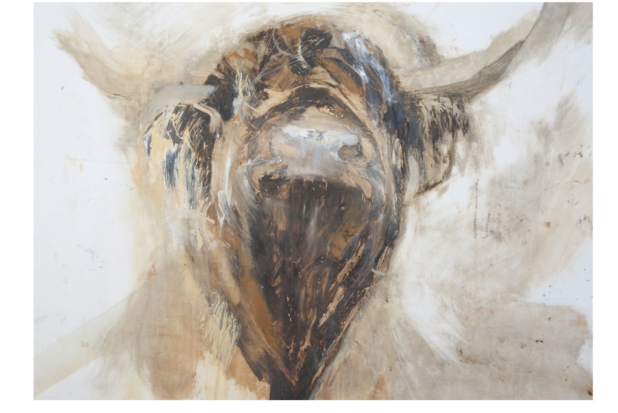 La Vache,Cow, 2015,(olej i technika mieszana na zaprawie na papierze) autorstwa Lou Gibbs