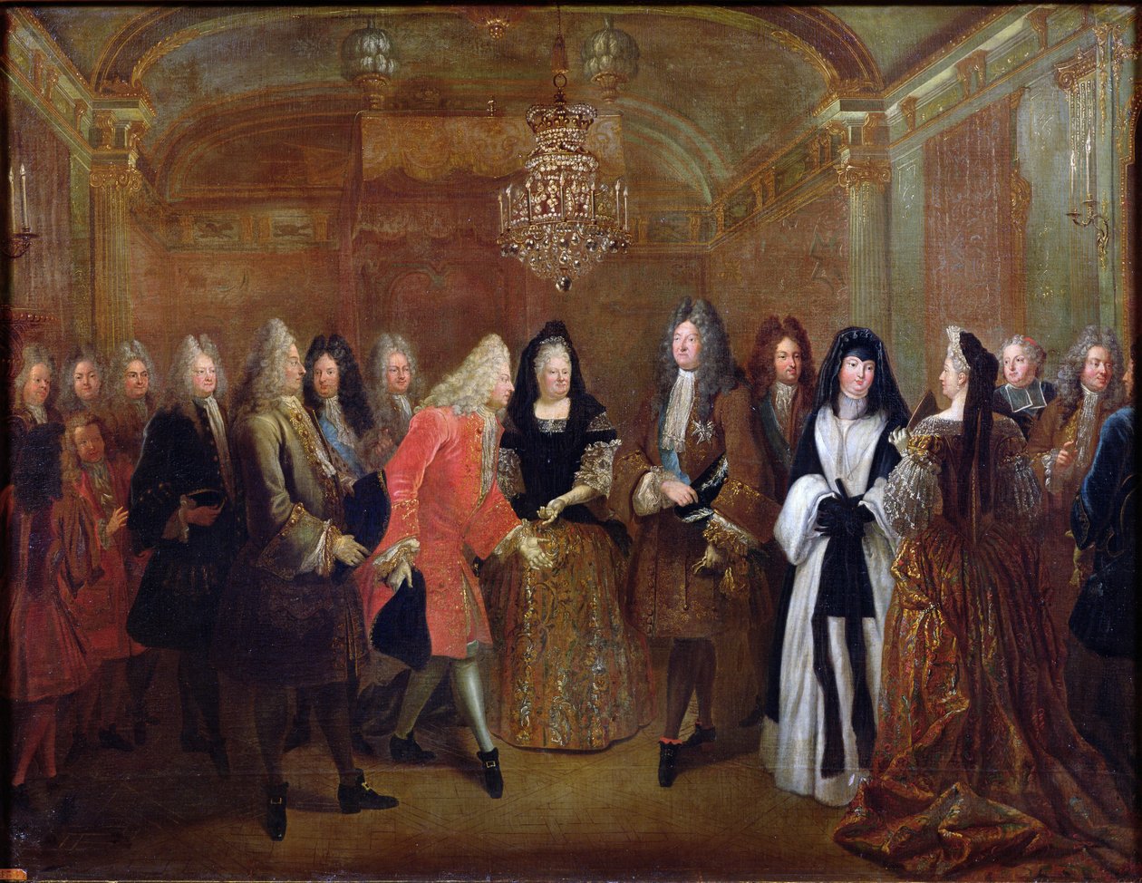 Ludwik XIV (1638-1715) wita elektora saskiego Fryderyka Augusta II (1670-1733) w Fontainebleau, 27 września 1714, 1715 autorstwa Louis de Silvestre