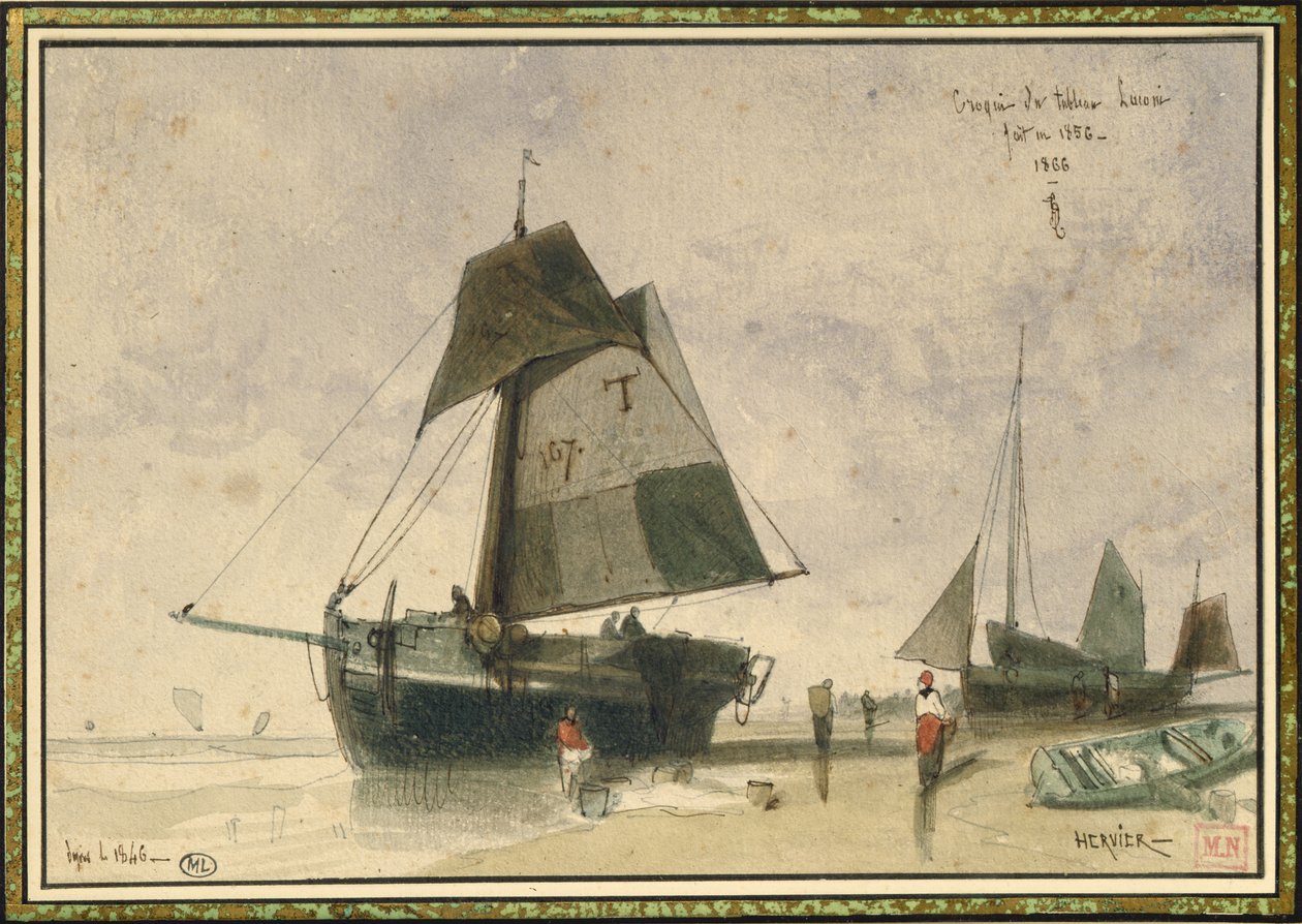 Dwie łodzie rybackie, 1856 (pióro i atrament oraz toaleta na papierze) autorstwa Louis Adolphe Hervier