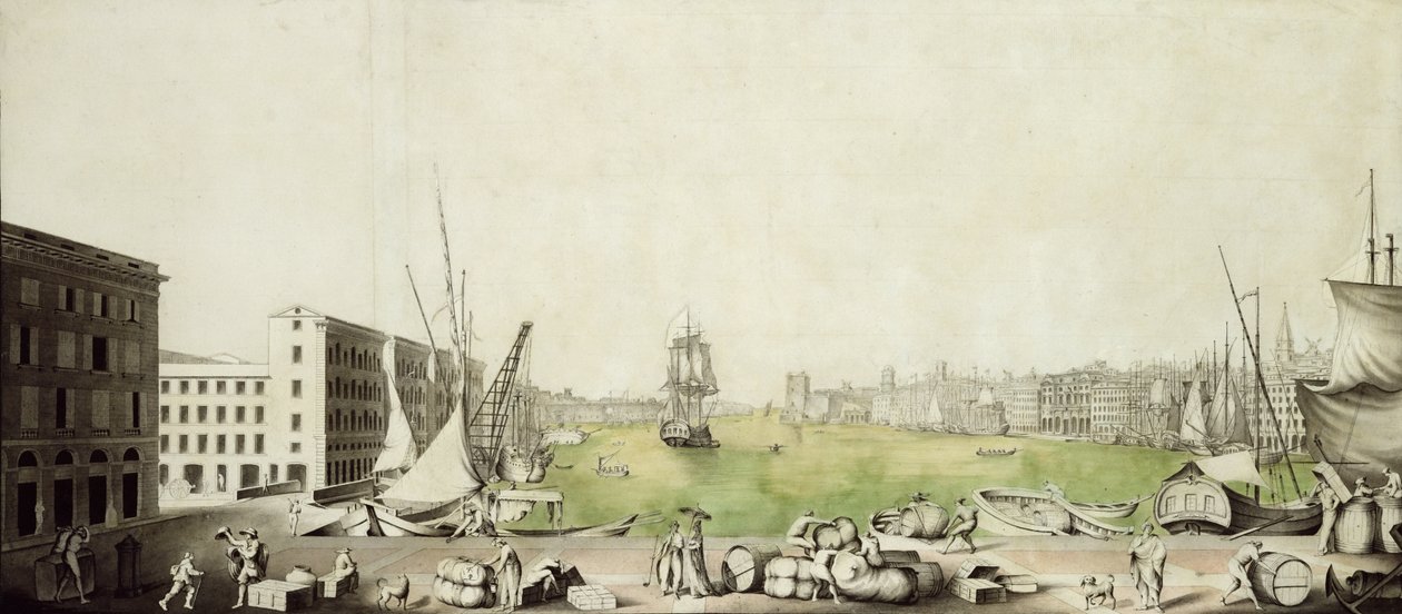 Port w Marsylii, 1811 (pióro, atrament i toaleta na papierze) autorstwa Louis Amphoux