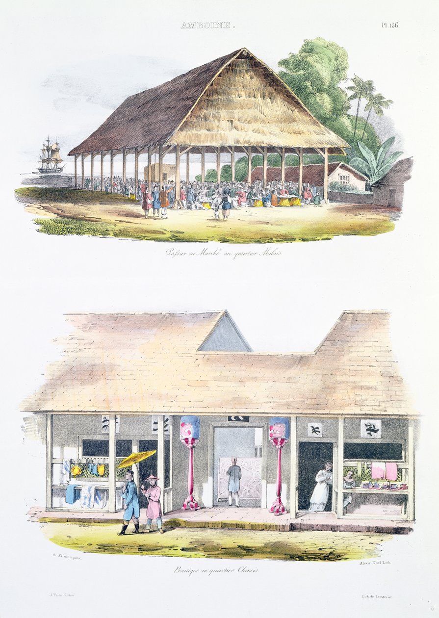 Bazar lub targ w dzielnicy malezyjskiej i sklepy w dzielnicy chińskiej, z „Voyage de l