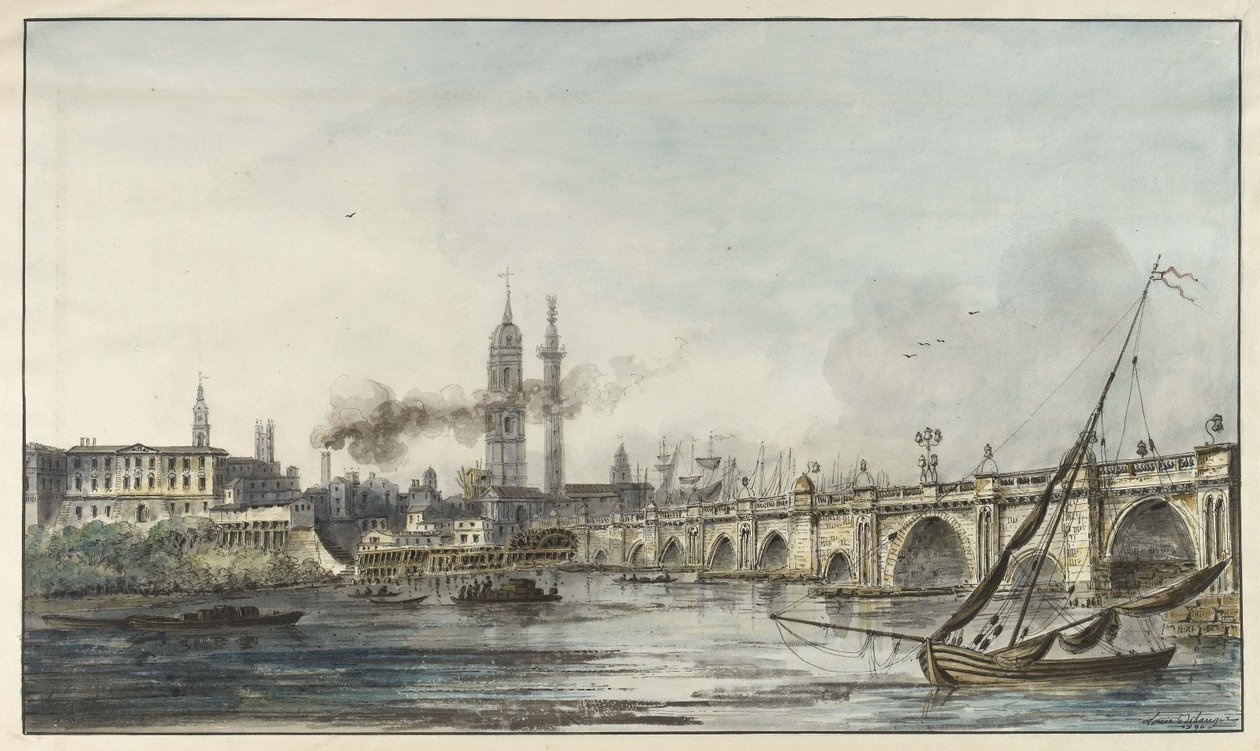Widok na Tamizę w kierunku kościoła św. Magnusa i Monumentu z London Bridge po prawej stronie (pióro i czarny tusz z akwarelą i białą akwarelą na jasnokremowym papierze) autorstwa Louis Bélanger