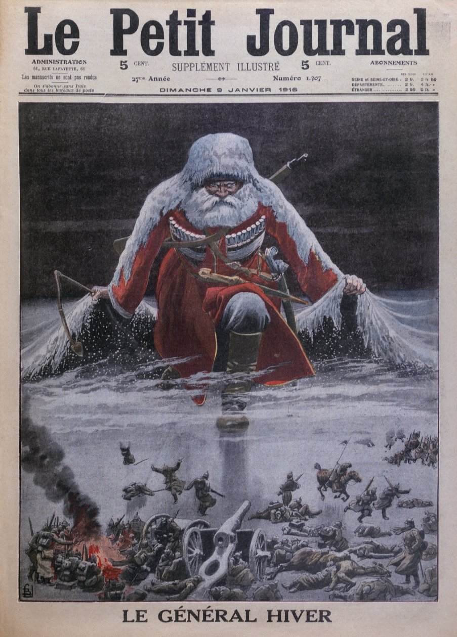 Generał Winter, ilustracja na pierwszej stronie okładki z "Le Petit Journal", supplement illustre, 9 stycznia 1916 r. autorstwa Louis Charles Bombled