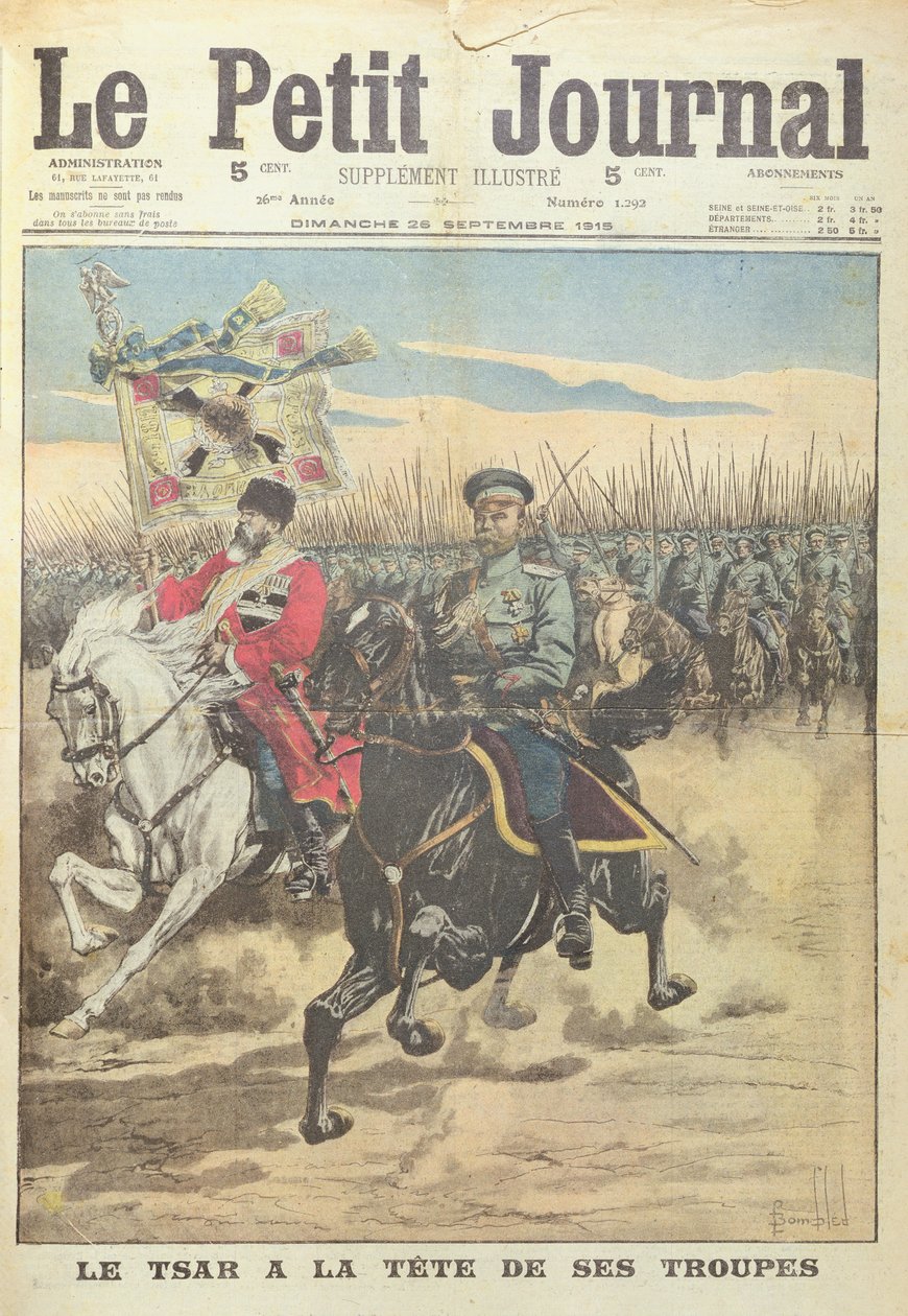 Car Rosji Mikołaj II na czele swoich wojsk, ilustracja na pierwszej stronie okładki z "Le Petit Journal", supplement illustre, 26 września 1915 r. autorstwa Louis Charles Bombled