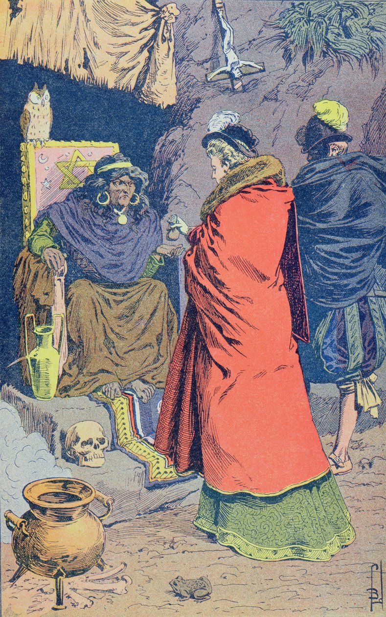 Czary w XVI wieku, wiedźma sprzedająca trochę philtres, z „Histoire de France” Julesa Micheleta (1798-1874) c.1900 (kolorowe grawerowanie) autorstwa Louis Charles Bombled