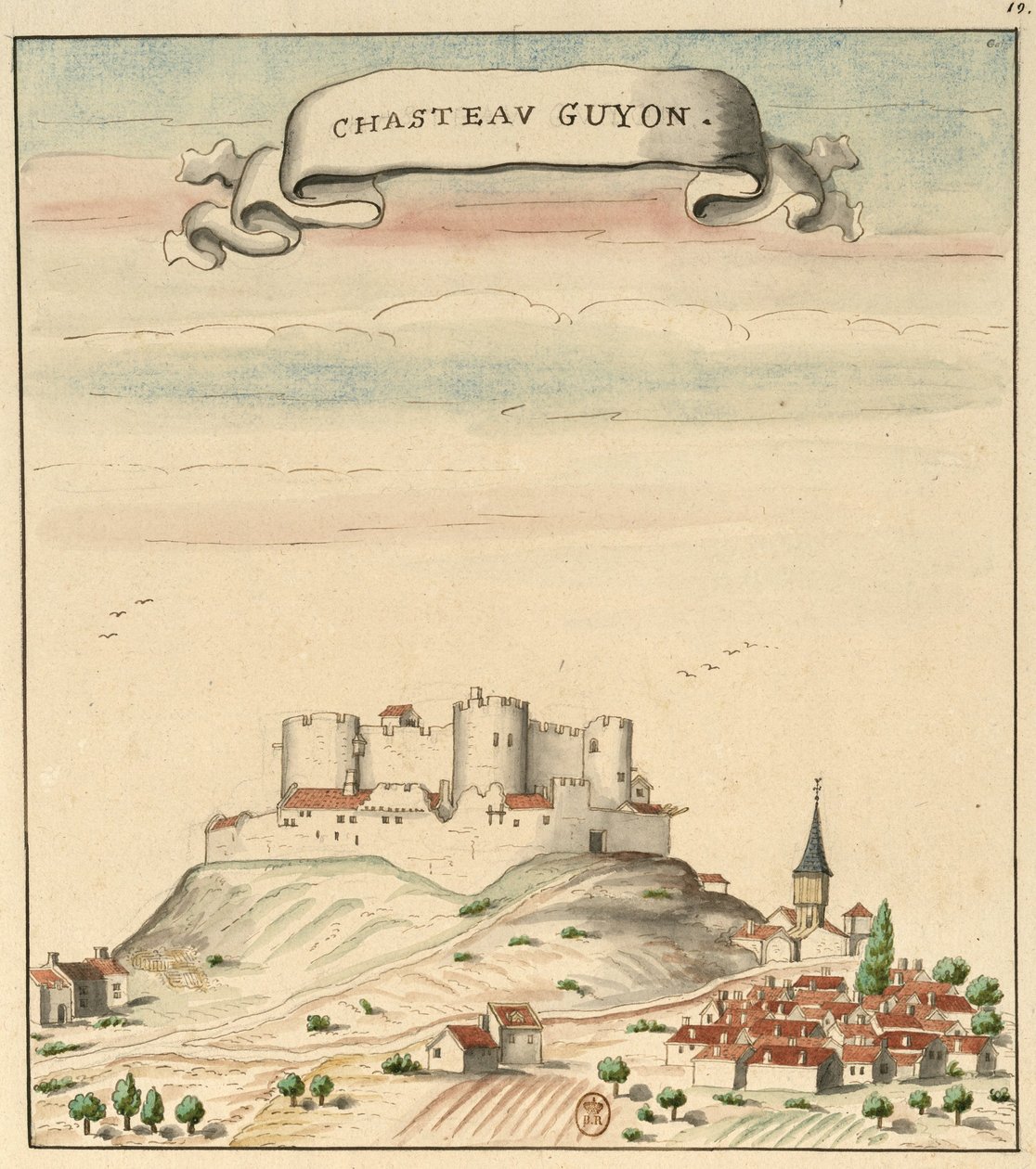 Rysunek zamku i wioski Châtel-Guyon (około 1450) inspirowany Guillaume Revel, L