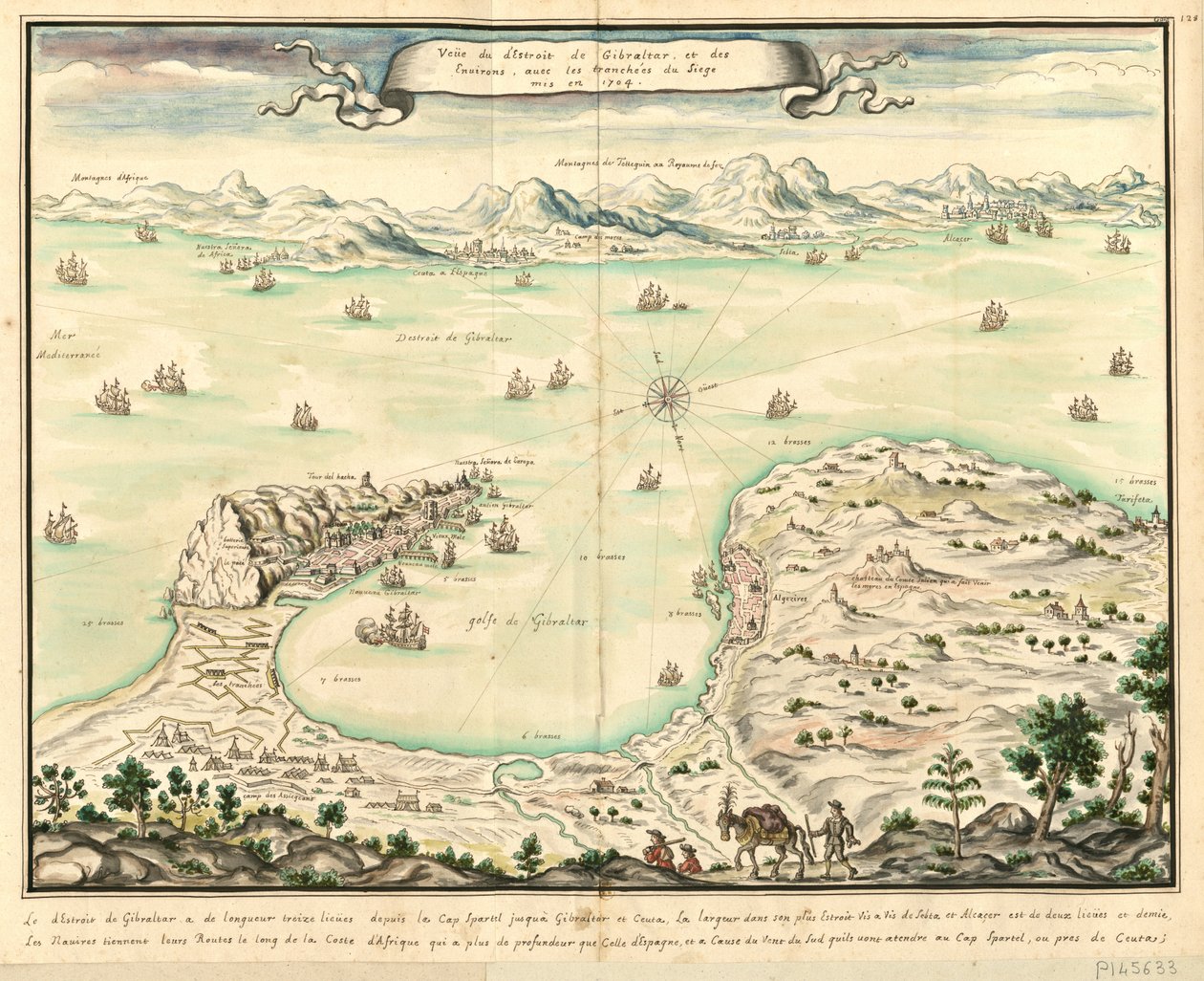 Widok na Cieśninę Gibraltarską i okolice, z okopami oblężenia z 1704 r. autorstwa Louis Boudan