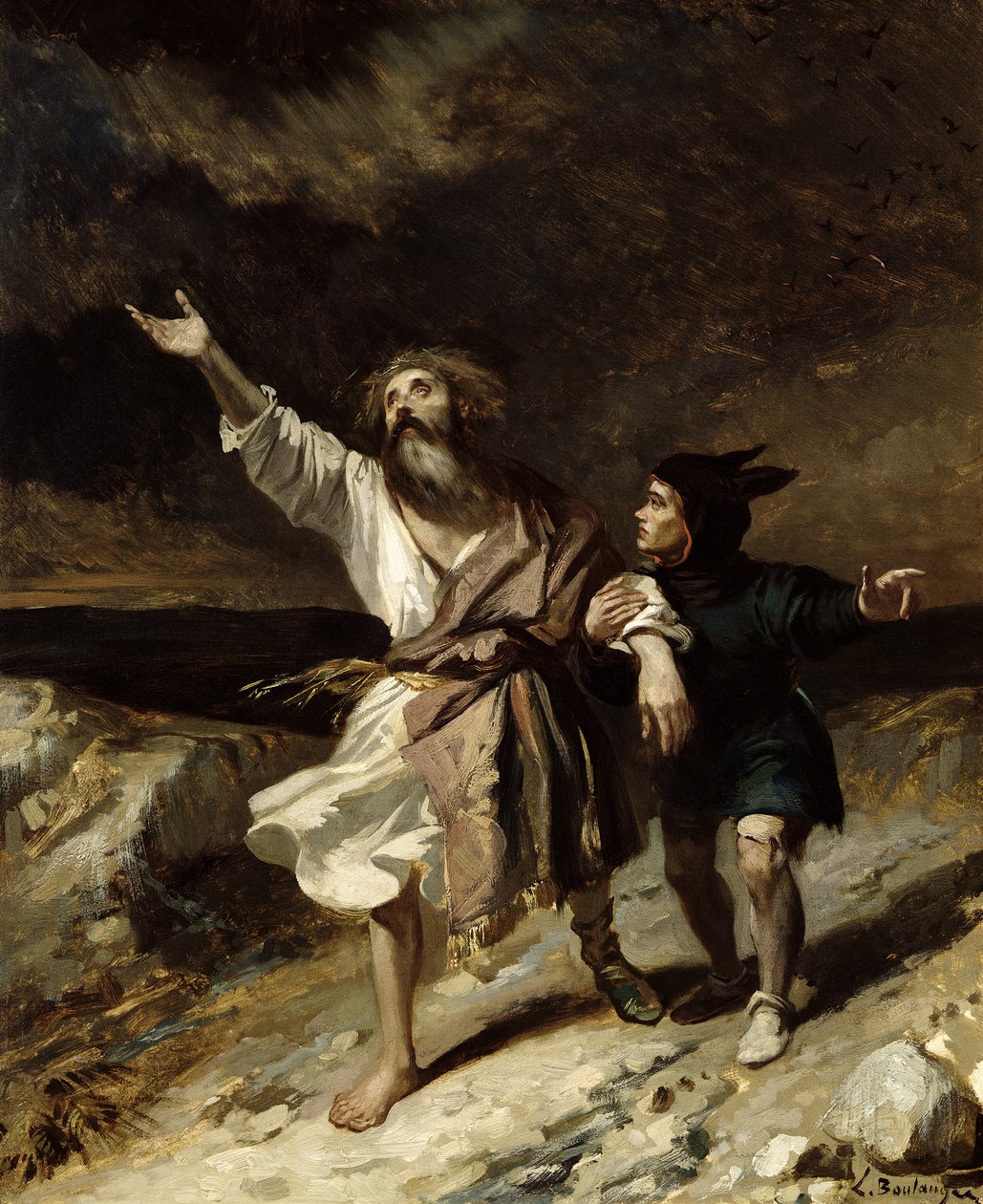 Król Lear i głupiec podczas burzy, akt III, scena 2 z „Króla Leara” Williama Szekspira (1564-1616) 1836 autorstwa Louis Boulanger