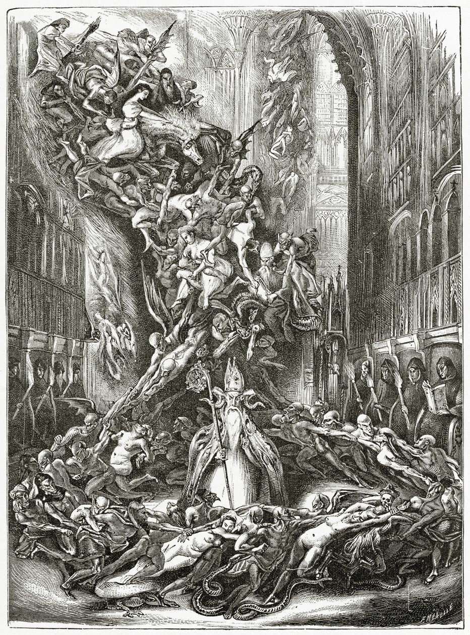La Ronde du Sabbat, XIX w. (grawerunek bw) autorstwa Louis Boulanger