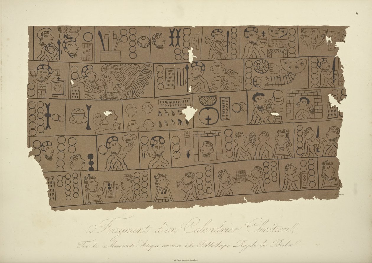 Fragment kalendarza chrześcijańskiego, zaczerpnięty z azteckiego rękopisu w berlińskiej Bibliotece Państwowej, ilustracja z Widoki Kordylierów i pomników rdzennych ludów Ameryki autorstwa Alexandra von Huma autorstwa Louis Bouquet
