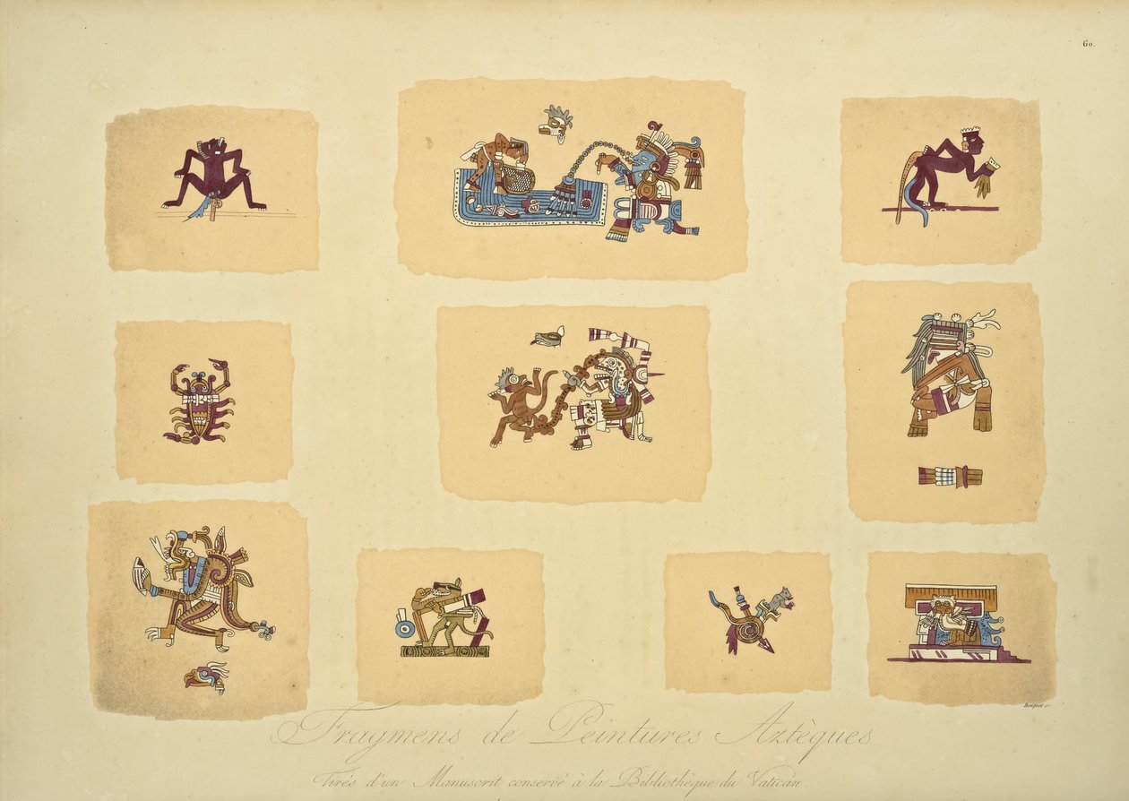 Fragmenty malowideł azteckich z rękopisu przechowywanego w Bibliotece Watykańskiej, ilustracja z Widoków Kordylierów i pomników ludów tubylczych Ameryki autorstwa Alexandra von Humboldta oraz autorstwa Louis Bouquet
