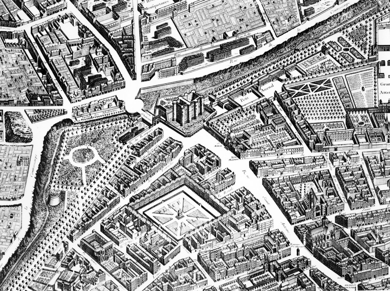 Bastille, Place Royale teraz Place des Vosges i Rue Saint-Antoine, detal z planu Paryża, znany jako Plan de Turgot, wyryty przez Claude