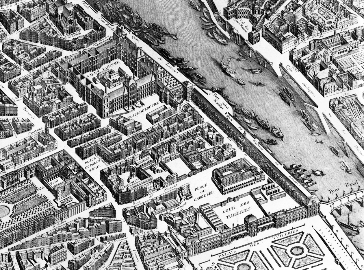 Stary Luwr, Palais Royal i Tuileries, szczegół z planu Paryża, znany jako Plan de Turgot, wygrawerowany przez Claude