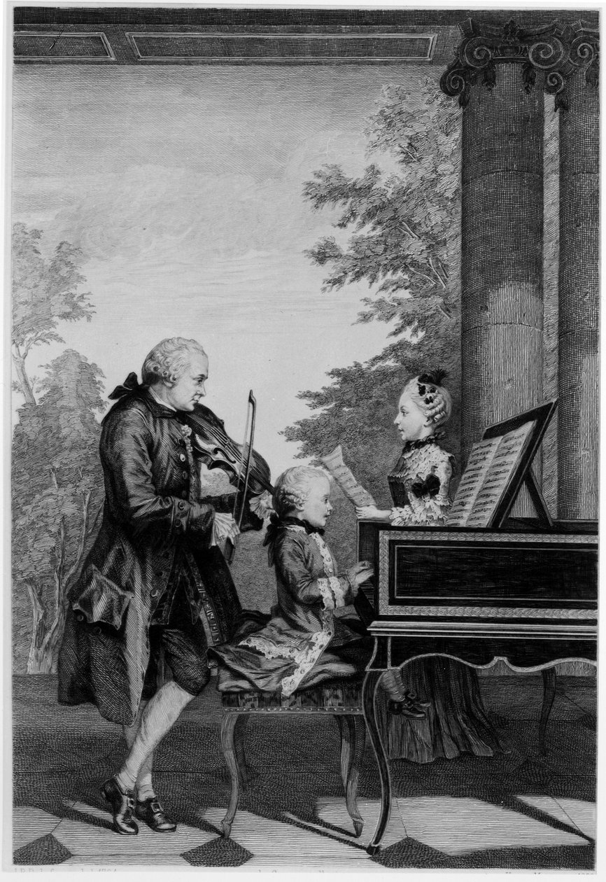 Leopold Mozart (1719-87) i jego dwoje dzieci, Wolfgang Amadeus (1756-91) i Maria-Anna (Nannerl) (1751-1829) autorstwa Louis Carrogis dit Carmontelle