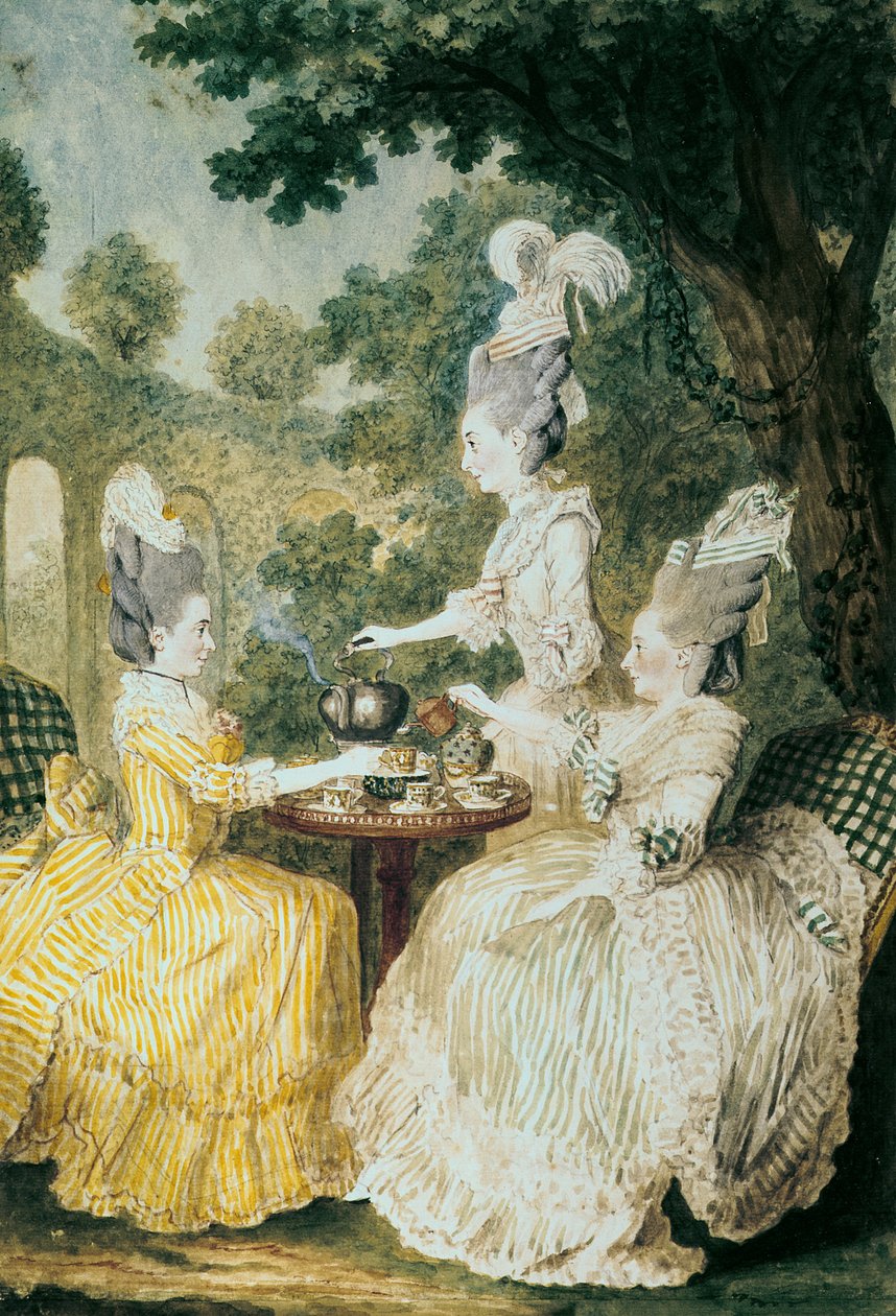 La Marquise de Montesson, La Marquise de Crest i la Comtesse de Damas piją herbatę (akwarela na papierze) autorstwa Louis Carrogis dit Carmontelle