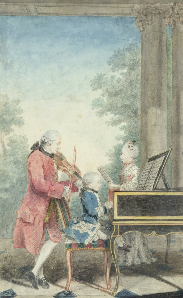 Leopold Mozart (1719-87) i jego dzieci Wolfgang Amadeus (1756-91) i Maria Anna (1751-1829) 1777 autorstwa Louis Carrogis dit Carmontelle