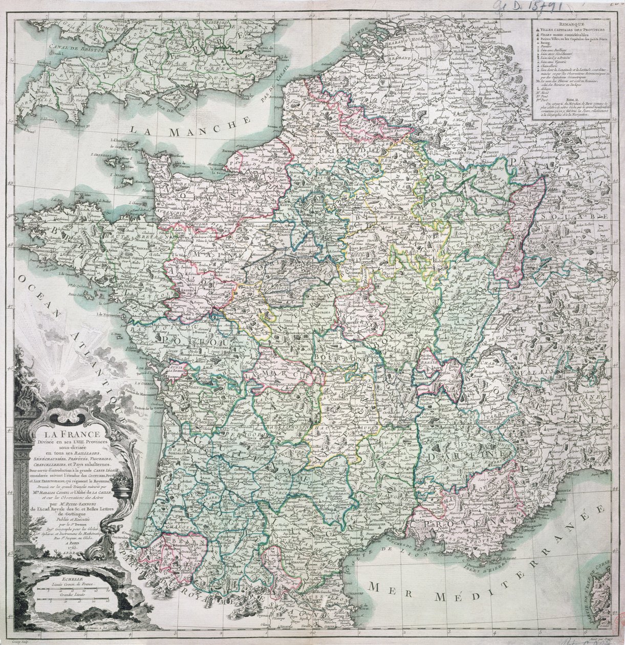 Mapa Francji podzielonej na 58 prowincji, 1765 r. autorstwa Louis Charles Desnos