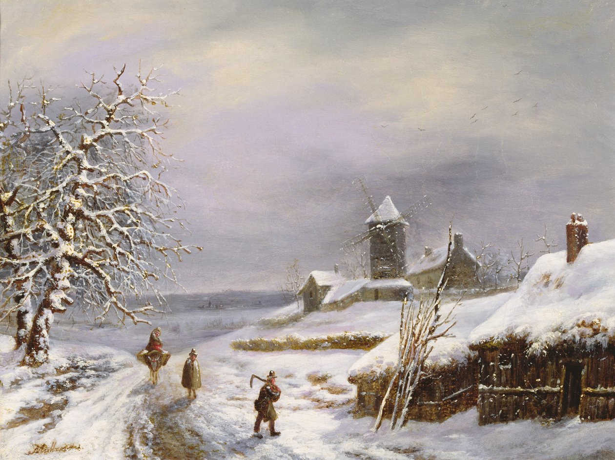 Scena zimowa z postaciami autorstwa Louis Claude Mallebranche