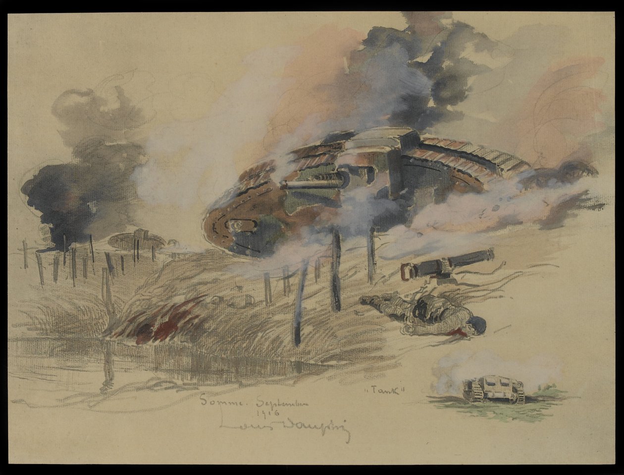 Czołg na Somie, wrzesień 1916 (toaleta i ołówek na papierze) autorstwa Louis Dauphin