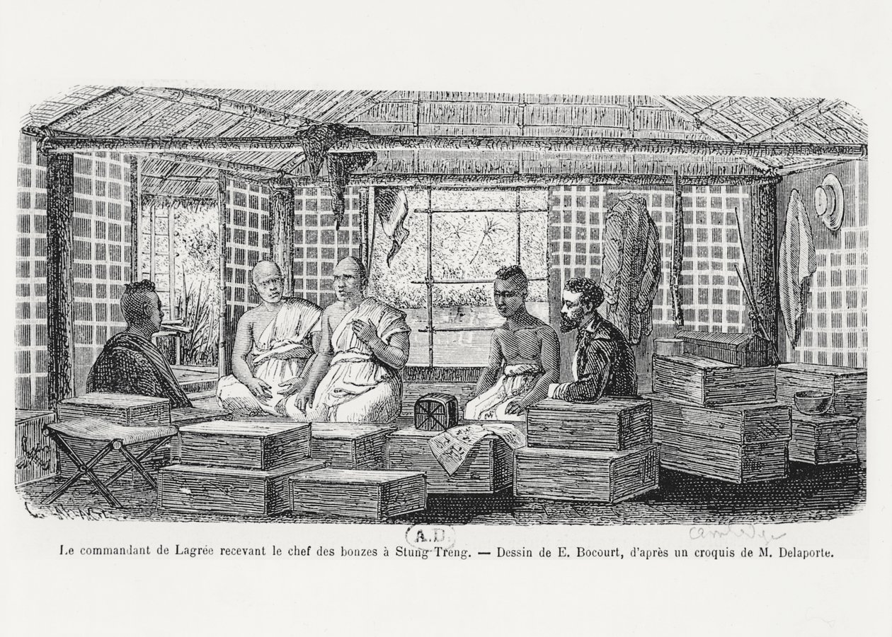 Komandor Lagree odbiera naczelnika mnichów w Stung Treng w Kambodży, 1868 r. autorstwa Louis Delaporte