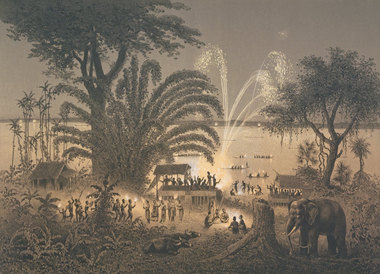 Fajerwerki na rzece podczas uroczystości w Bassac, ilustracja z "Atlasu podróży badawczych Indochin" Doudarta de Lagree (1823-68), 1873 r. autorstwa Louis Delaporte
