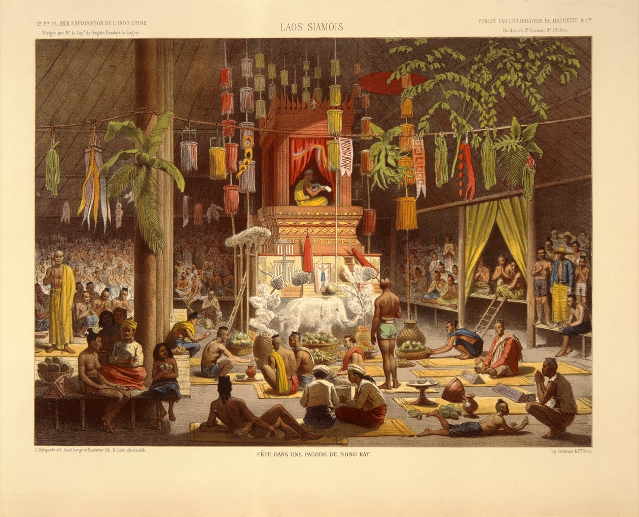 Wnętrze pagody w Nong Kay, ilustracja z „Podróży poszukiwawczej w Indochinach w latach 1866, 1867 i 1868” autorstwa Francisa Garniera i Ernesta Doudarta de Lagree, opublikowana w 1873 r. (kolor litho autorstwa Louis Delaporte