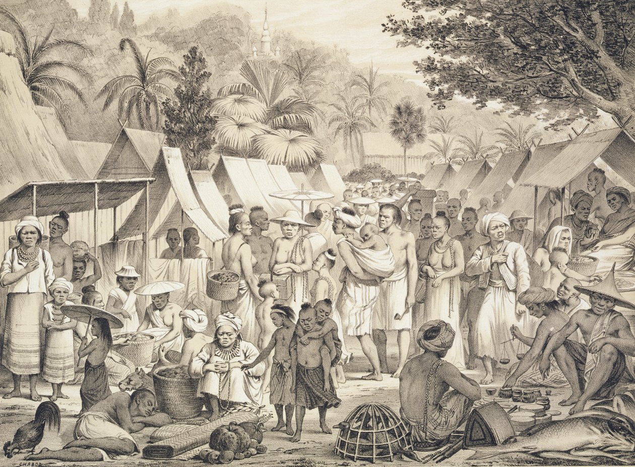 Targ w Luang Prabang, Laos, ilustracja z „Atlas du Voyage d
