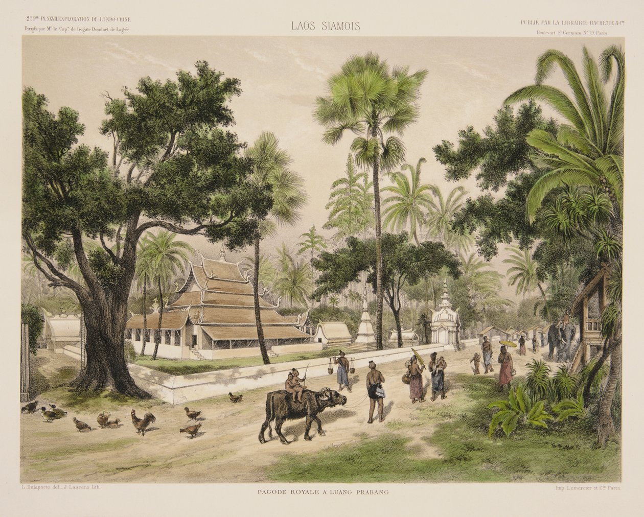 The Royal Temple w Luang Prabang, grafika wykonana przez J. Laurensa, ilustracja z „An Exploratory Voyage in Indo-China during the years 1866, 1867 und 1868” autorstwa Francis Garnier und Ernest Doudart de Lagree, s. autorstwa Louis Delaporte