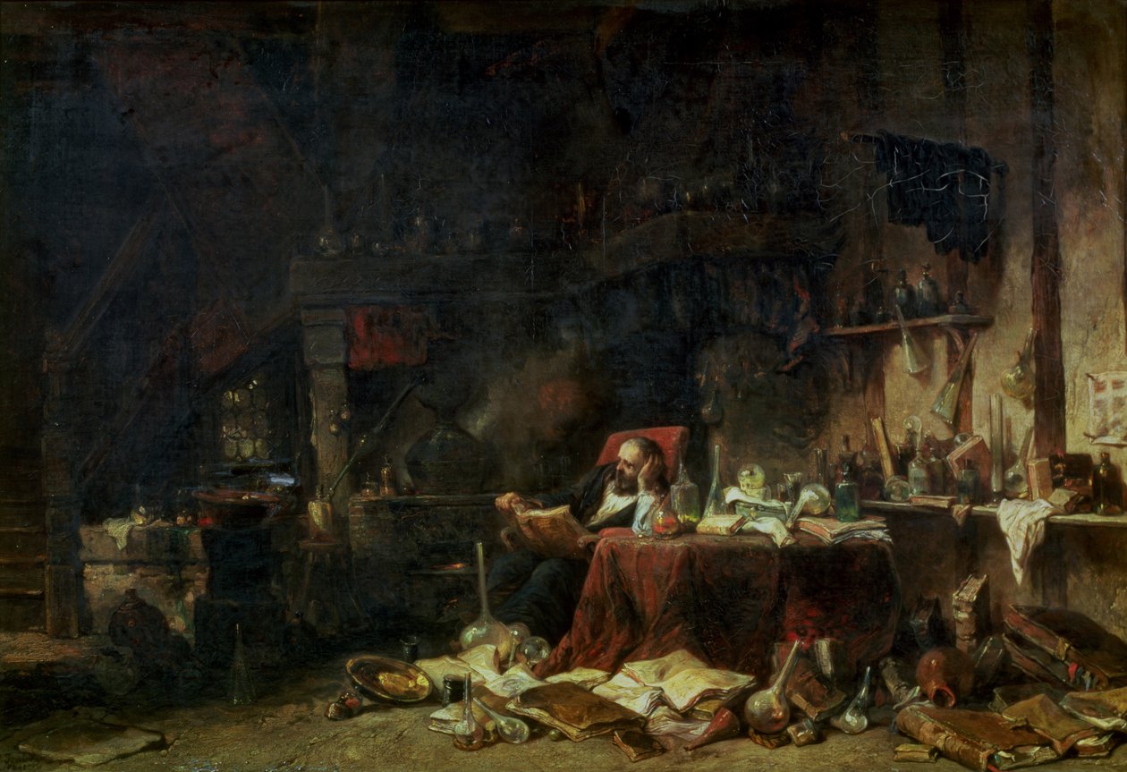 Wnętrze gabinetu alchemika autorstwa Eugene Isabey