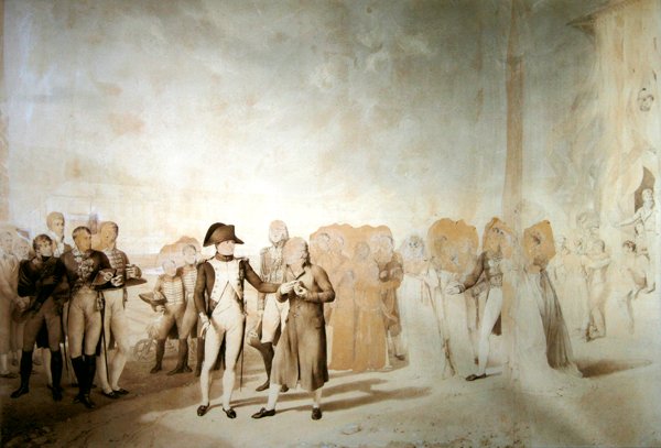 Napoleon odwiedza fabrykę w Jouy-en-Josas, 20 czerwca 1806 (pióro i sepia na papierze) autorstwa Eugene Isabey