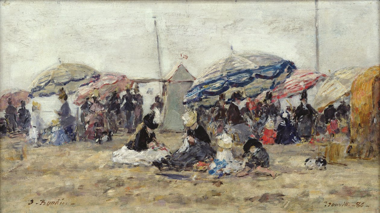 Parasole na plaży w Trouville, 1886 (olej na drewnie) autorstwa Eugene Louis Boudin