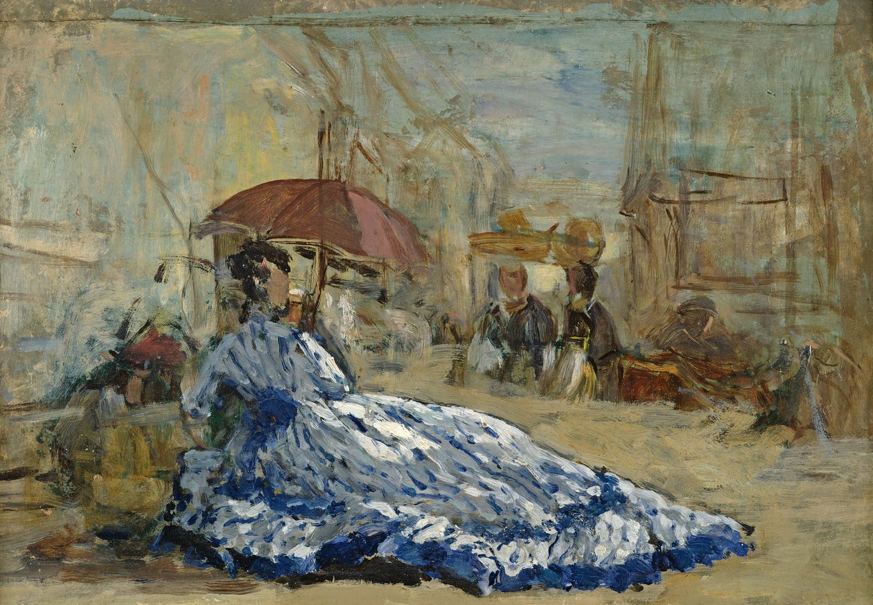 Kobieta w niebieskiej sukience pod parasolką, ok. 1865 (olej na kartonie) autorstwa Eugene Louis Boudin