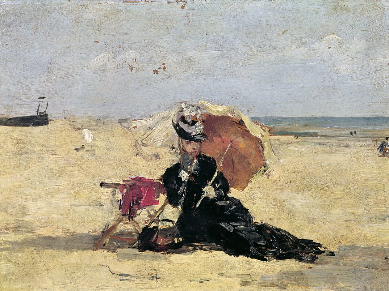 Kobieta z parasolem na plaży, 1880 autorstwa Eugene Louis Boudin