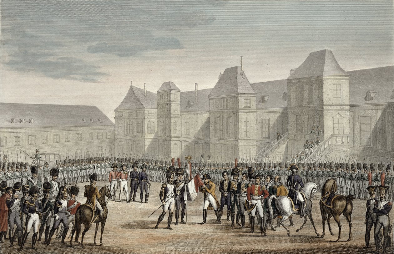 Abdykacja Napoleona i jego wyjazd z Fontainebleau na wyspę Elba, 20 kwietnia 1814, ryty przez Francois Pigeota (ur. 1775) (akwatinta) autorstwa Louis Francois Couche