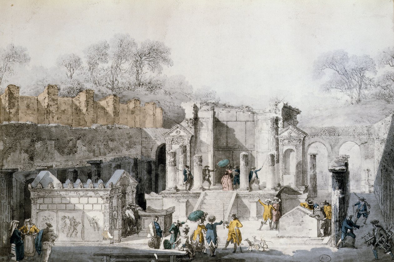 Turyści w świątyni Izydy w ruinach Pompejów, 1779 (kolorowy grawerunek) autorstwa Louis Jean Desprez