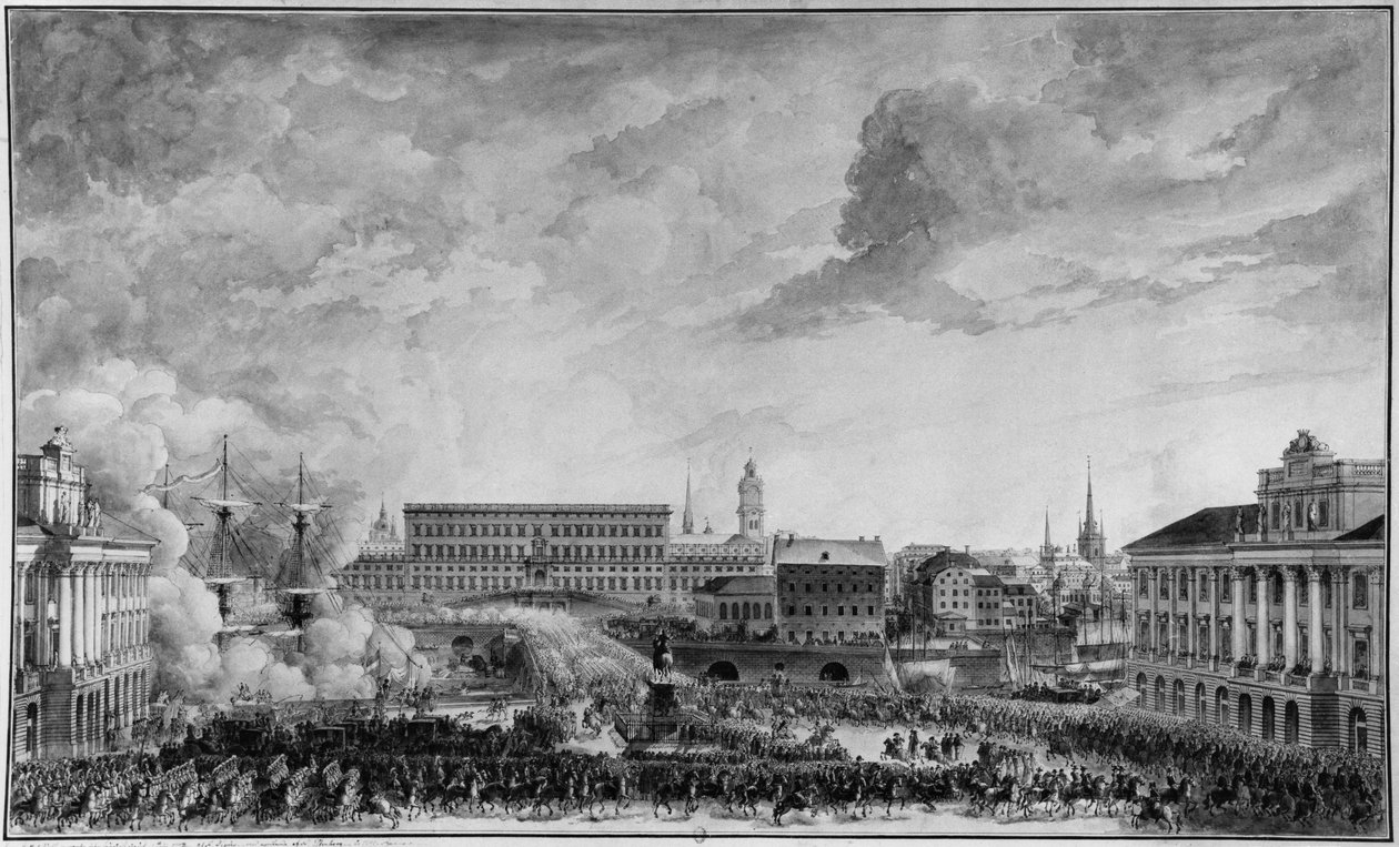 Widok Sztokholmu, koniec XVIII wieku (pióro i pranie na papierze) autorstwa Louis Jean Desprez
