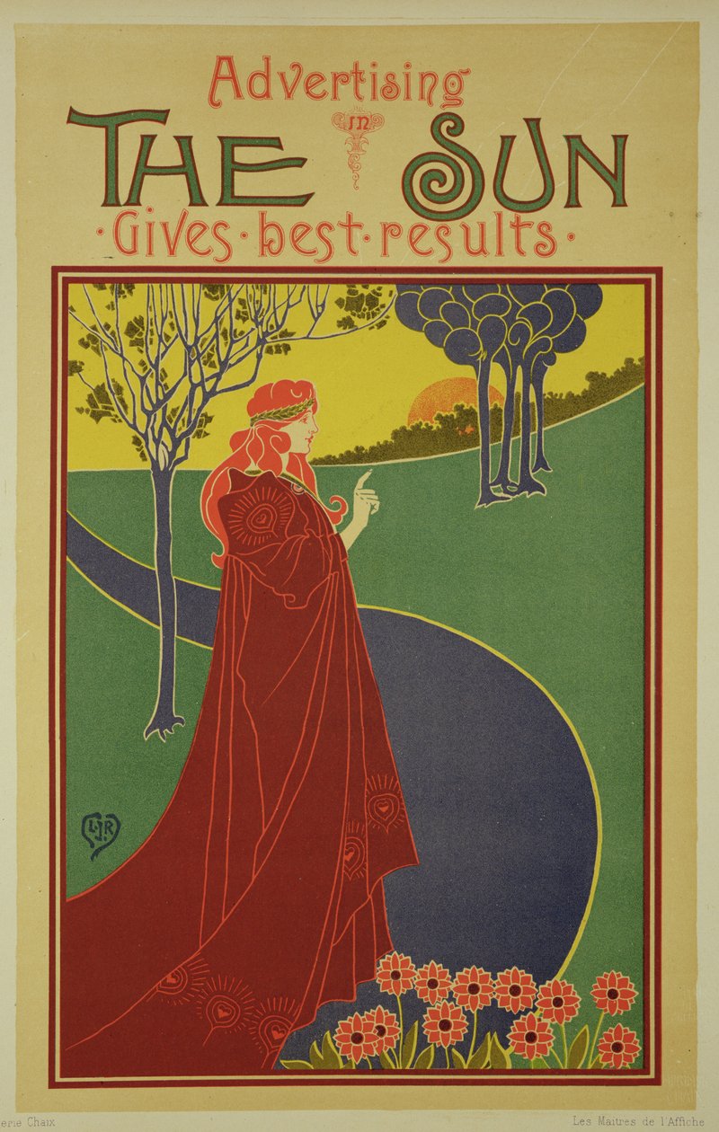 Reprodukcja plakatu reklamującego amerykańską gazetę „The Sun” autorstwa Louis John Rhead