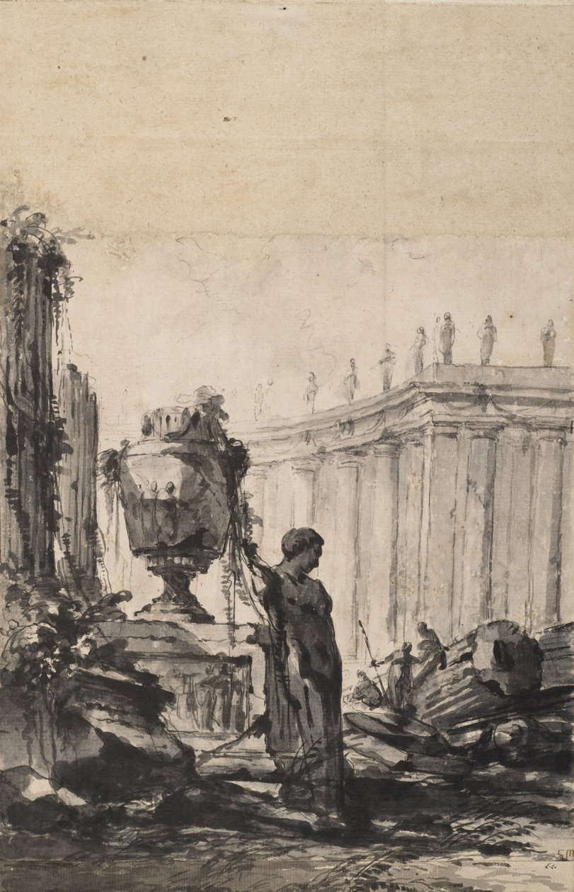 Fantazja architektoniczna z wazą, Hermem i kolumnadą autorstwa Louis Joseph Le Lorrain