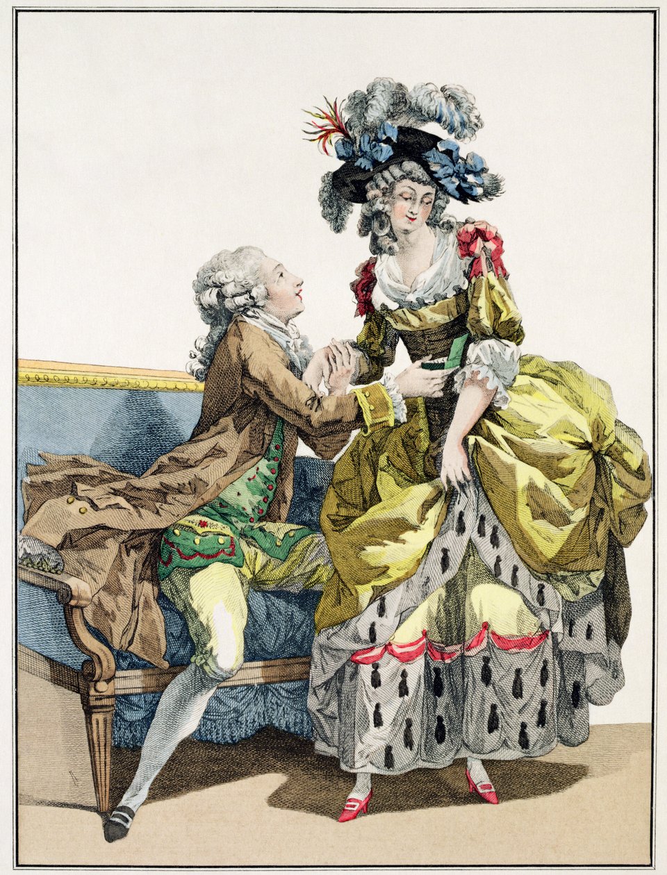 Elegancki dżentelmen oświadczający się damie w stroju „Marguerite” i kapeluszu „a la Henri IV”, płyta z „Galerie des Modes et Costumes Francais”, grawerowana przez Dupina, 1778 autorstwa Francois Louis Joseph Watteau