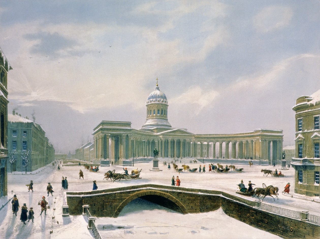 Sobór Kazański, Sankt Petersburg, druk Lemercier, Paryż, lata czterdzieste XIX wieku (kolor lito) autorstwa Louis Jules Arnout