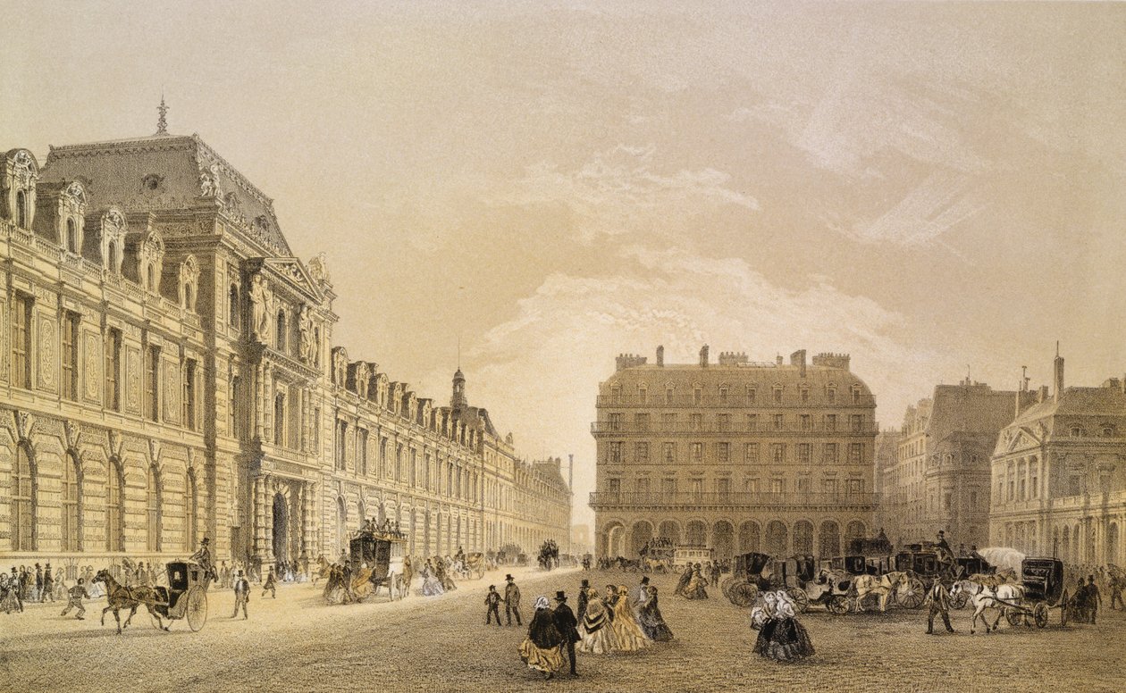 Widok na fasadę Luwru, Rue de Rivoli i Palais Royal, 1855 autorstwa Louis Jules Arnout