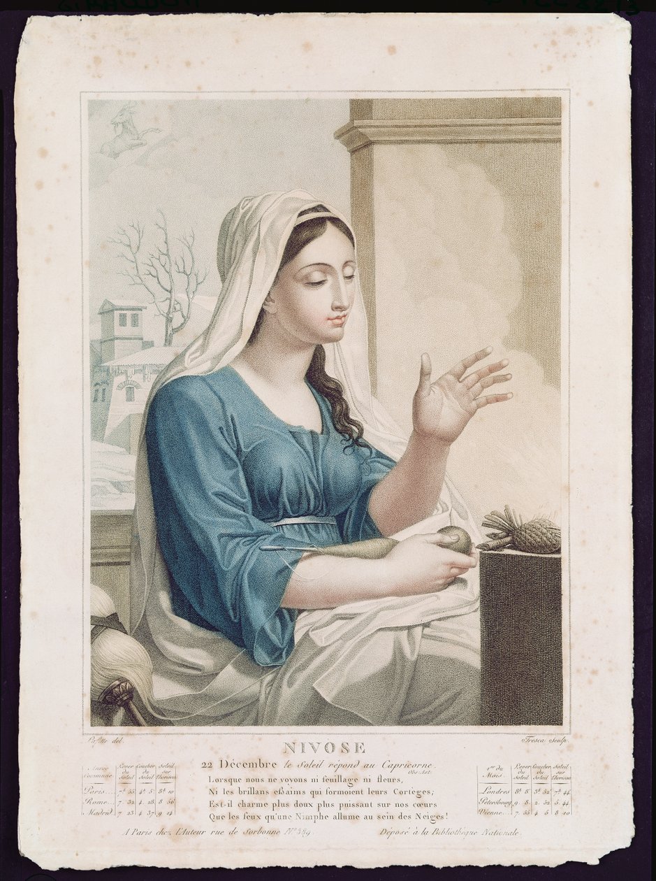 Nivose (grudzień styczeń), czwarty miesiąc kalendarza republikańskiego, grawerowany przez Trescę, c.1794 autorstwa Louis Lafitte